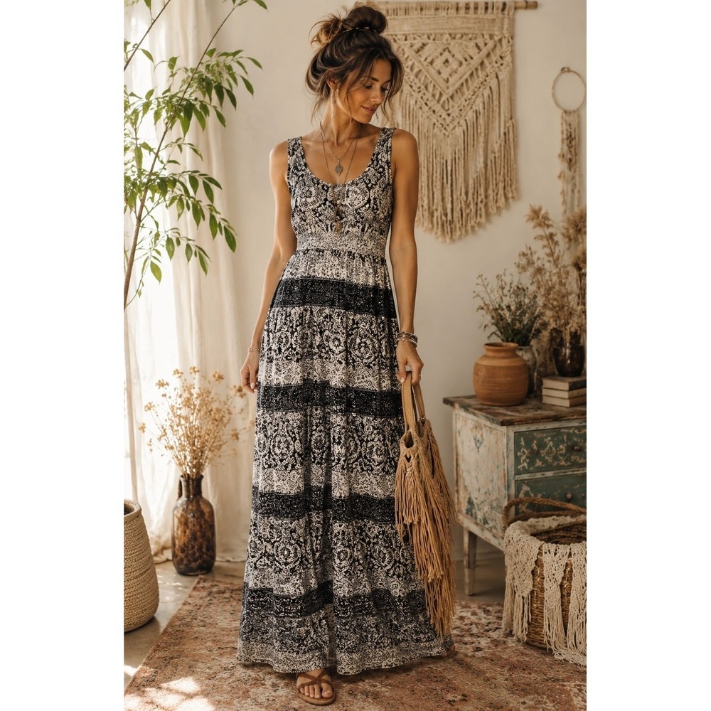 Bohemian Black White Medallion Print Empire Waist Sleeveless Maxi Dress M Costal